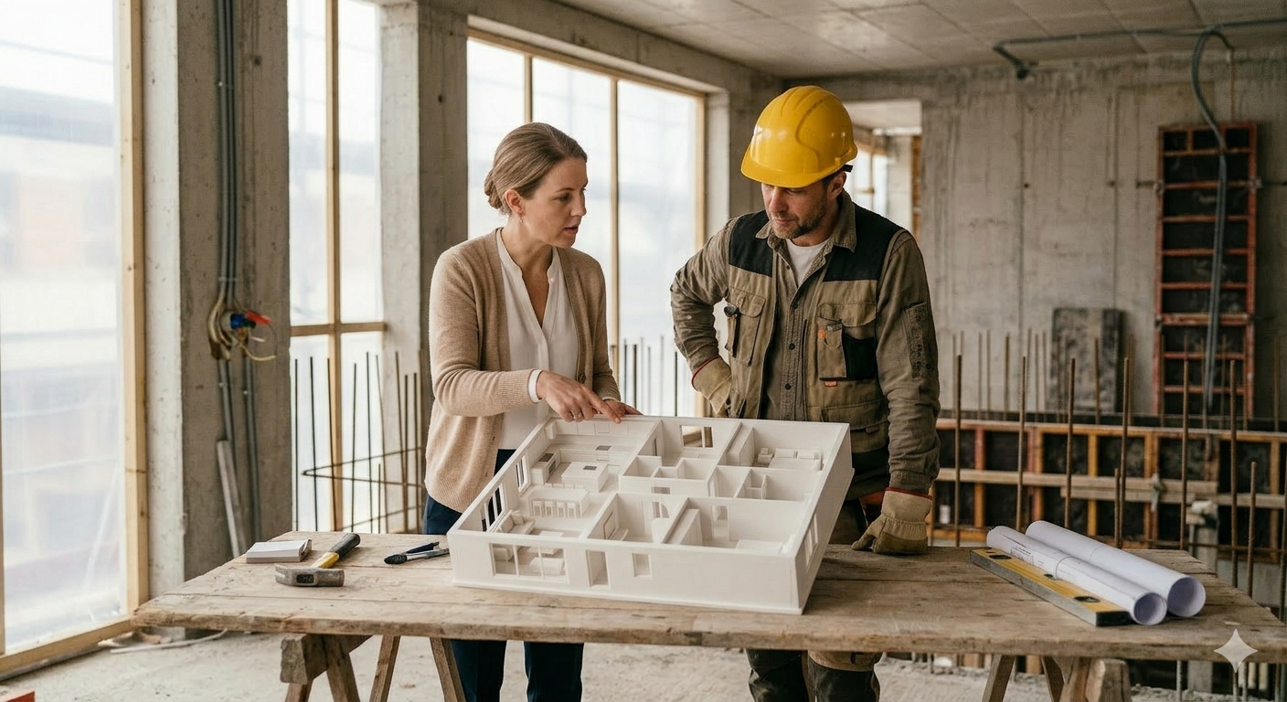 Builder and client reviewing a 3D printed architectural model on a construction site