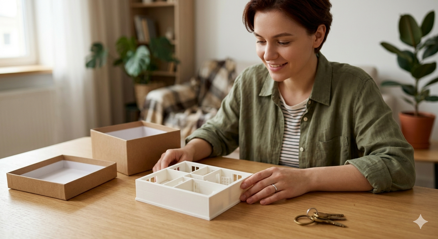 Woman opening a gift box containing a 3D printed house model