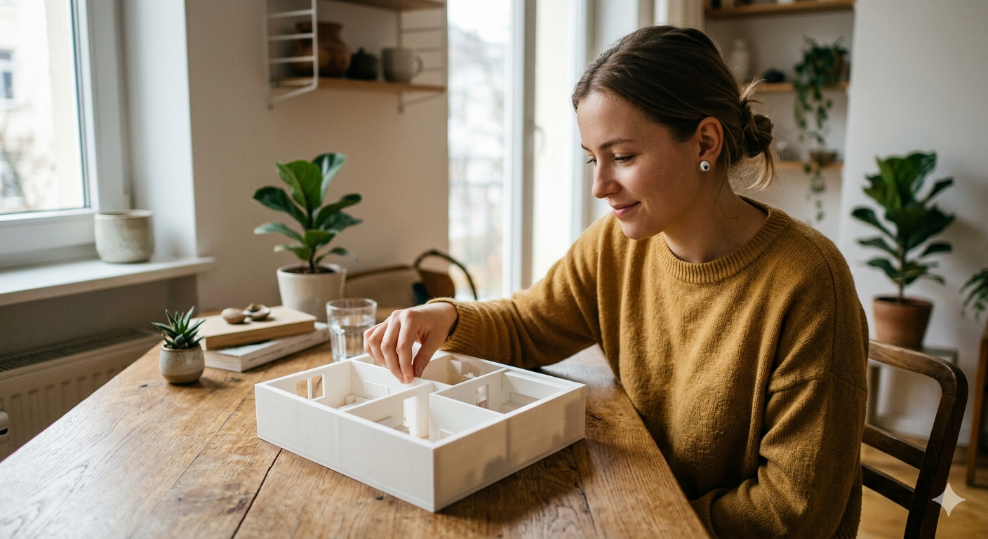 Homeowner exploring a 3D printed model of their house at home