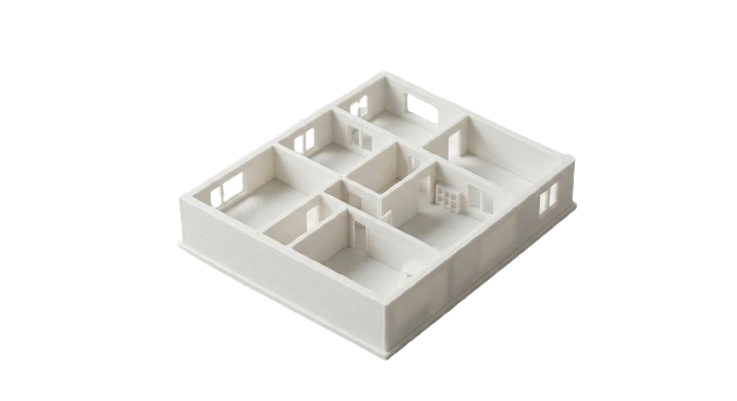 White 3D printed architectural floor plan model