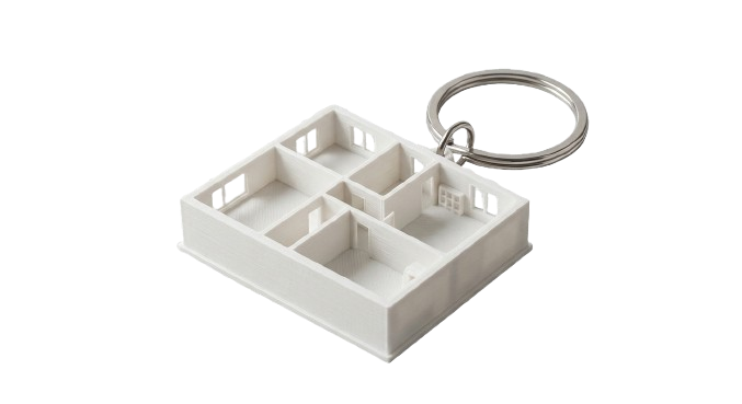 3D printed floor plan keychain model with ring attachment