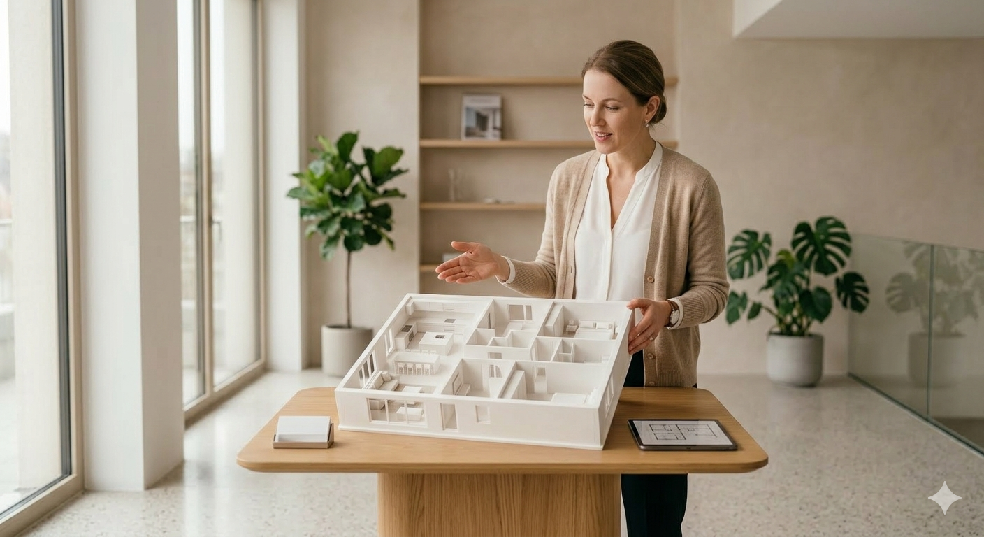 Real estate agent presenting a 3D printed floor plan model in a showroom