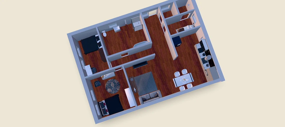 Floor plan maker output — interactive 3D house model